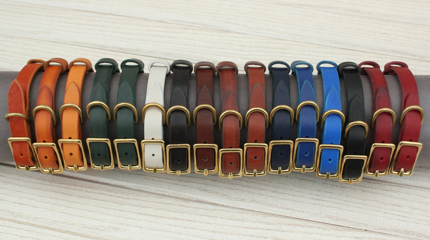 Leather Dog Collar with Brass or Chrome Buckle, ID Tag