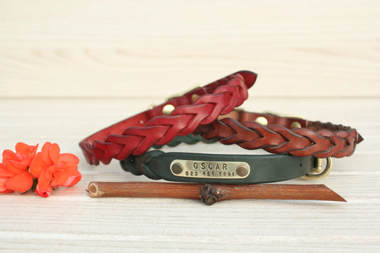 Narrow Plaited Leather Dog Collar, Personalized with ID Tag