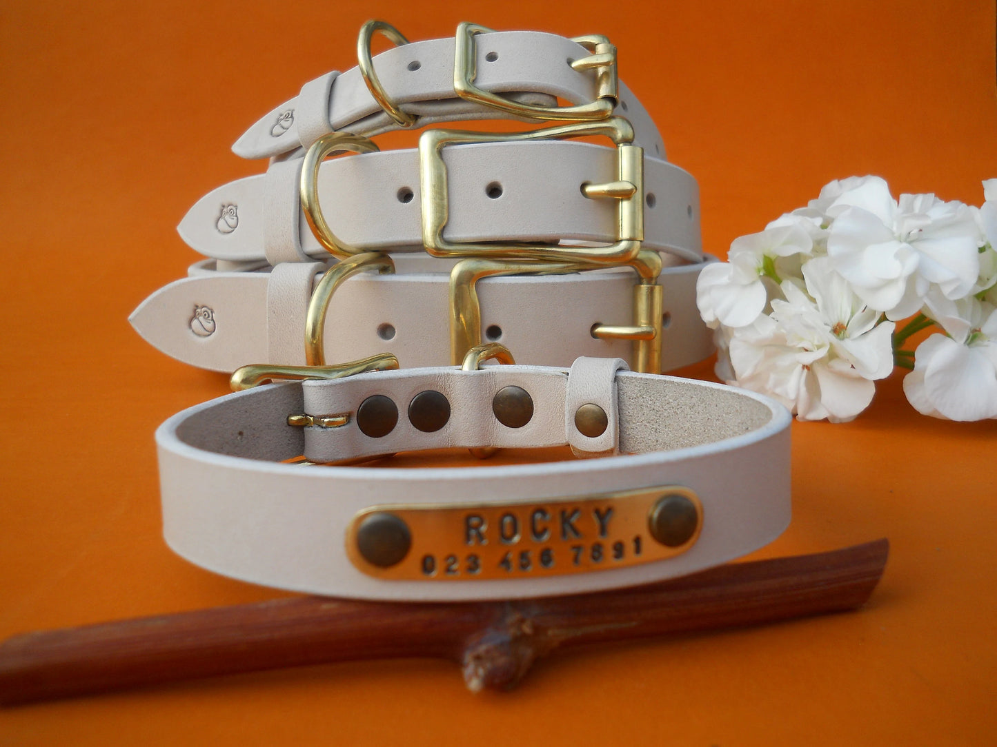 Light Beige Leather Dog Collar, Personalized Wedding Collar