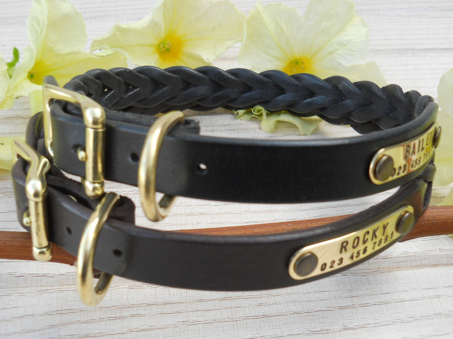 Strong Narrow Plaited Leather Dog Collar, Personalized ID Tag
